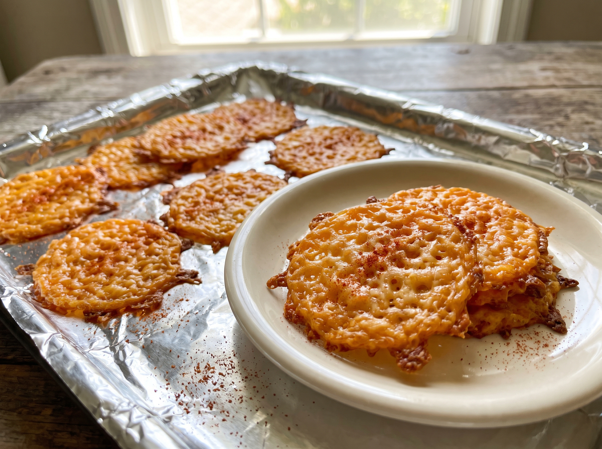 Golden baked cheese chips dusted with paprika on a foil tray and a white plate.