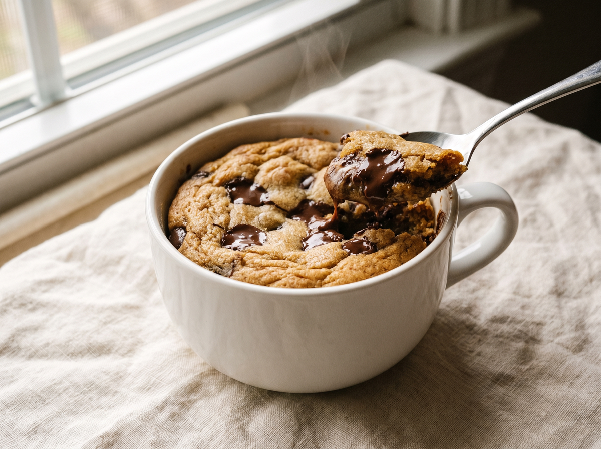 Chocolate chip mug cookie in a white mug with a spoon lifting a soft bite.