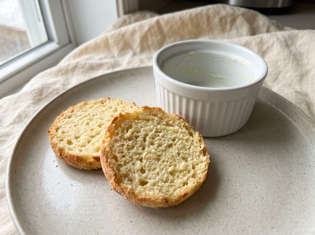 Keto English muffin sliced in half on a plate next to a white ramekin.