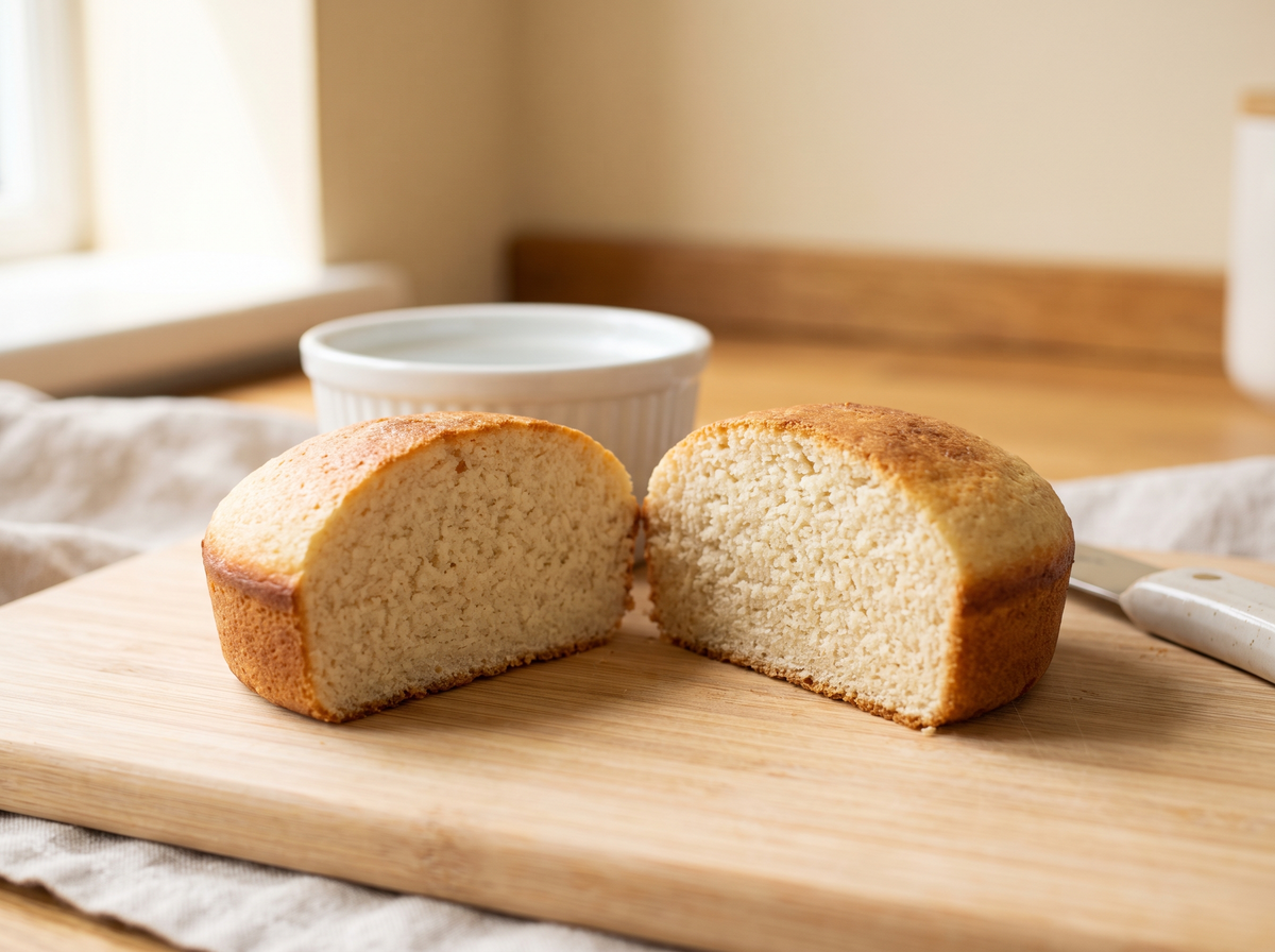 Keto almond flour bun baked in a ramekin, cut in half on a wooden board.