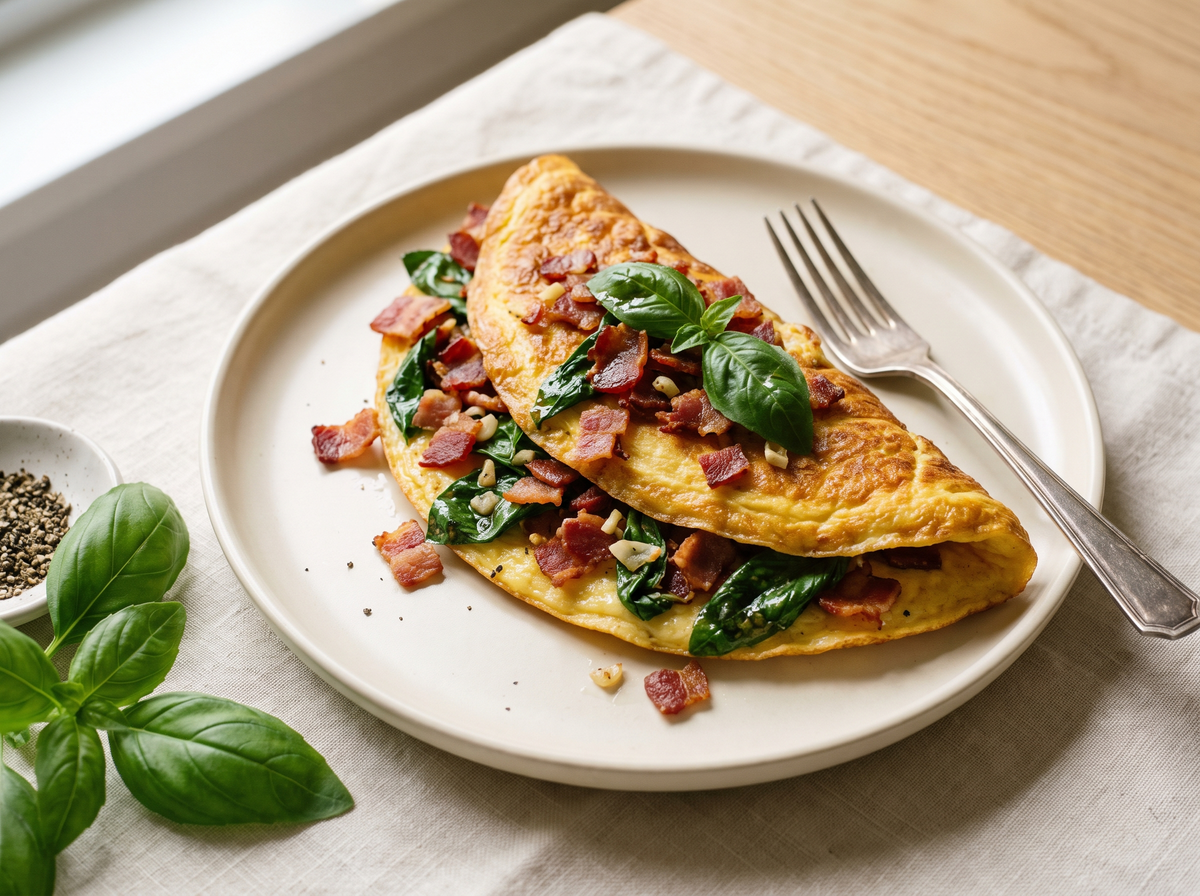 Folded omelet with crispy bacon and wilted basil on a cream plate with a fork.