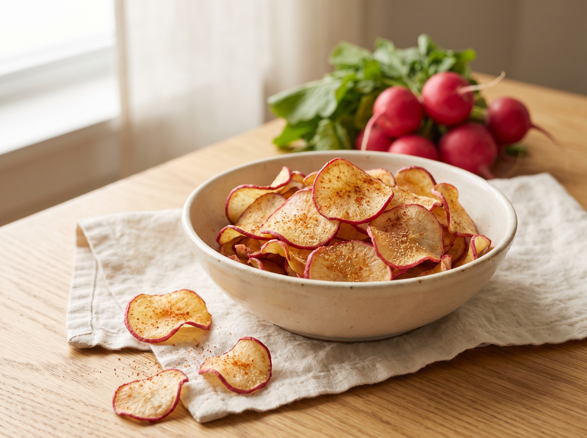 Bowl of thin golden radish chips with pink edges, fresh radishes behind.