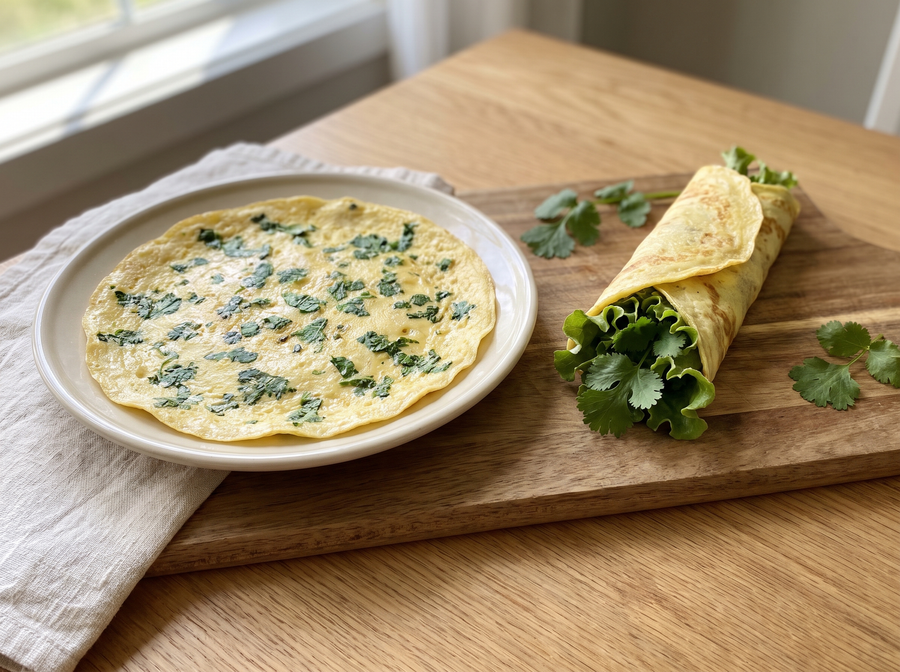 A thin herb-flecked egg wrap on a plate and a second one rolled around lettuce on a wooden board.