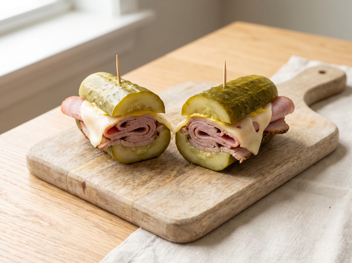 Two pickle sandwiches filled with ham, pork and Swiss cheese, held with toothpicks on a wooden board.