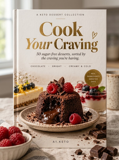 Cook Your Craving keto dessert cookbook cover, 50 sugar-free desserts sorted by craving