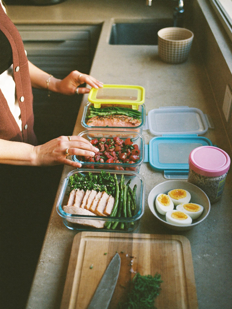 Keto meals prepped in glass containers for the week
